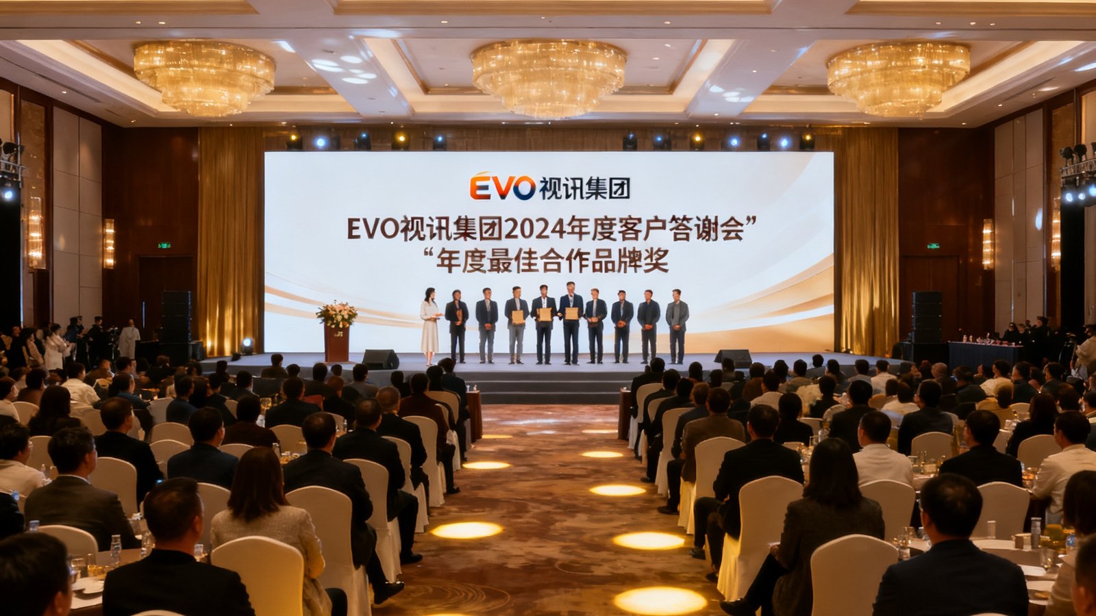 宽敞明亮的宴会厅内正在举办EVO视讯集团2024年度客户答谢会，数百位来自全国各地的广告主和合作伙伴齐聚一堂，舞台上正在颁发年度最佳合作品牌奖项。