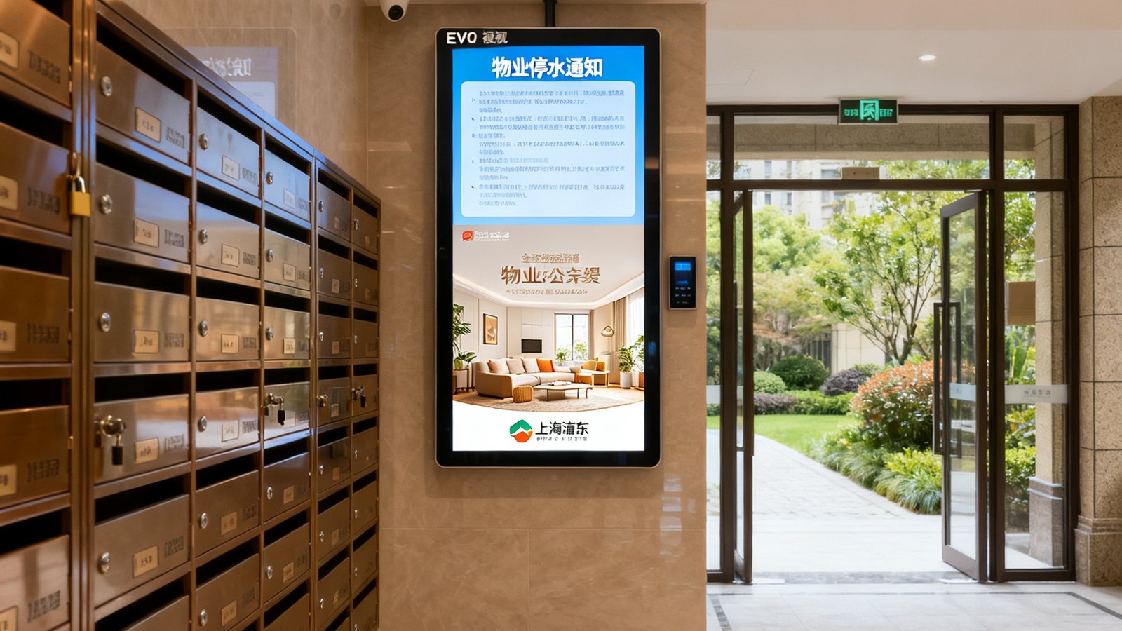 上海浦东一个中高端社区的单元门厅内，EVO视讯社区公告屏安装在信箱区上方，屏幕上半部分显示物业停水通知，下半部分优雅地展示着一个家装品牌的广告，画面温馨自然，与社区环境融为一体。